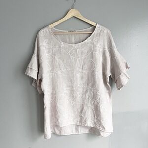 Valentina Naldi Italy Linen Top Tiered Flutter Sleeve Embroidered Beige Large